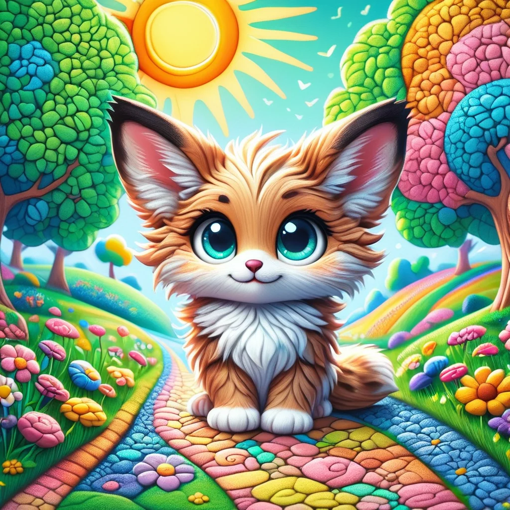 zPDXL2, cr4y0n, colorful illustration, cartoon kitten, multicolored stones path, large eyes, fluffy fur, green trees, bright sun, flowers, whimsical, fantasy <lora:Colorful_Crayons_Pony:1>