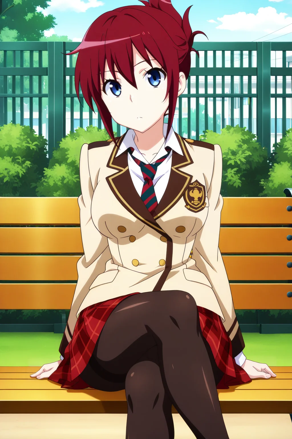 anime screenshot, anime coloring, sakurai aoi, 1girl, solo, red hair, folded ponytail, blue eyes, medium breasts, school uniform, blazer, brown jacket, white shirt, collared shirt, long sleeves, red skirt, plaid skirt, pleated skirt, blue necktie, red necktie, two-tone necktie, striped necktie, black pantyhose, looking at viewer, sitting, crossed legs, cowboy shot, outdoors, bench, masterpiece, best quality, high quality, highres, absurdres, <lora:sakurai_aoi_ILXL_v2:0.9>