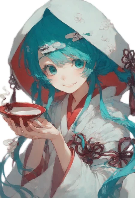 score_9,score_8_up,score_7_up,,source_anime,, SHM13, hatsune miku, 1girl, wataboushi, uchikake, yuki miku, japanese clothes, solo, kimono, hood, sakazuki, long hair, cup, smile, aqua hair, sake, white background<lora:éªãã¯13:1>