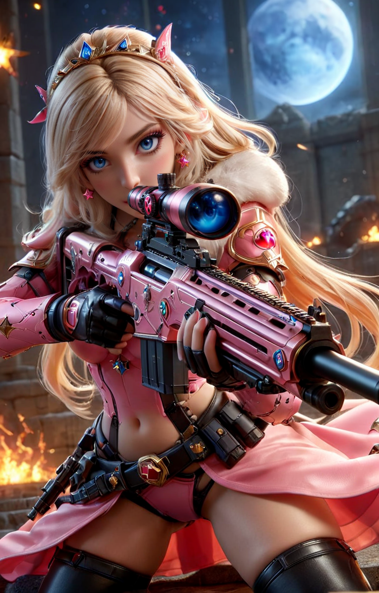 ((hyperrealistic)) cinematic photo of sexy Princess Peach from Super Mario Brothers with Sniper Rifle, perfect eyes, blue eyes, standing sultry pose with sniper rifle, (pink plastic sniper rifle with 1up stars along the side), action scene in bowsers castle, lava balls,
35mm photograph, film, bokeh, professional, 4k, highly detailed,  <lora:EnvyActionShotXL01:0.65>,  <lora:add-detail-xl:0.6> <lora:XL_Weapon_Sniper_Rifle_-_By_HailoKnight:0.8>