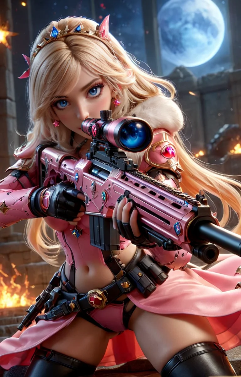 ((hyperrealistic)) cinematic photo of sexy Princess Peach from Super Mario Brothers with Sniper Rifle, perfect eyes, blue eyes, standing sultry pose with sniper rifle, (pink plastic sniper rifle with 1up stars along the side), action scene in bowsers castle, lava balls,
35mm photograph, film, bokeh, professional, 4k, highly detailed, <lora:EnvyActionShotXL01:0.65>, <lora:add-detail-xl:0.6> <lora:XL_Weapon_Sniper_Rifle_-_By_HailoKnight:0.8>