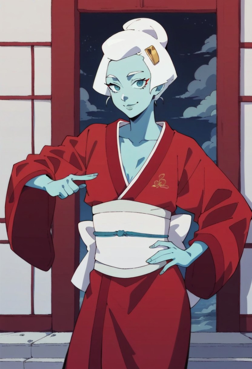 score_9_up, score_8_up, score_7_up, score_6_up, 1girl, solo, Babi-0nna, colored skin, blue skin, blue eyes, white hair, short hair, single hair bun, hair ornament, red kimono, long sleeves, wide sleeves, white obi, one hand on hip, sly smile, standing, (japanese temple), (painted art)