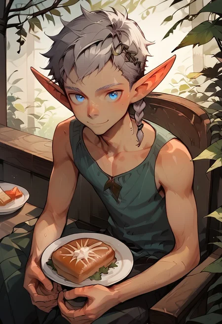 score_9, score_8_up, score_7_up, ultra detailed, anime_source,amazing quality, best aesthetic,
flat color,HD32k, Uncensored ,BREAK,
1boy,solo,male focus,thin body,fair skin , Novice elf boy,pointy ears, silver hair short, side braid ,collarbone, blue eyes,look at view,sitting on chair,eating lunch,bread, soup, cup, plate, detailed face,light smile,
indoor,
dining room ,
table,