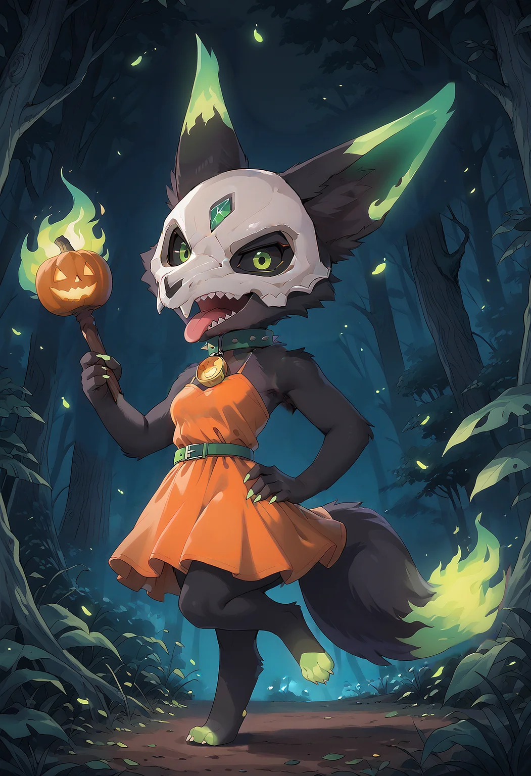 score_9, score_8_up, score_7_up, solo, furry, fluffy, female, black kitsune, multi tail, , alolan_marowak, black fur, black body, close-up, (side view), pumpkin dress, belt, orange collar, spiked collar, bell collar, arm raised, hand on hip, small, chibi, looking at viewer, green eyes, smug, grin, black sclera, dark forest background, forest, plants, (green flames), glowing, flaming paws, pawpads, flaming tail, skull helmet, skull mask, (snout, animal ears, black ears), long ears, ear tuft, happy, mouth open, fangs, knee up, action pose, motion lines, pictograph, iconography, pumpkin symbol, magic, vibemix, vaporwave <lora:POKEMON_ALOLAN_MAROWAK:0.7> <lora:Vibemix_Style_LoRA_PonyXL:0.6> <lora:King ClawthornePonyLora:0.6> <lora:Wolfaine_Style__PONY_XL:0.8> <lora:Vaporwave_v2:0.6>