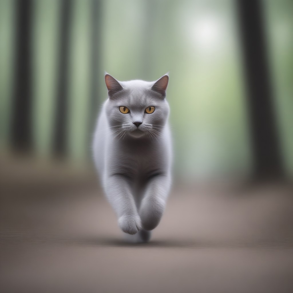 blur speed, active scene, At a street milk market, a gray cat (running pose), running in the forest