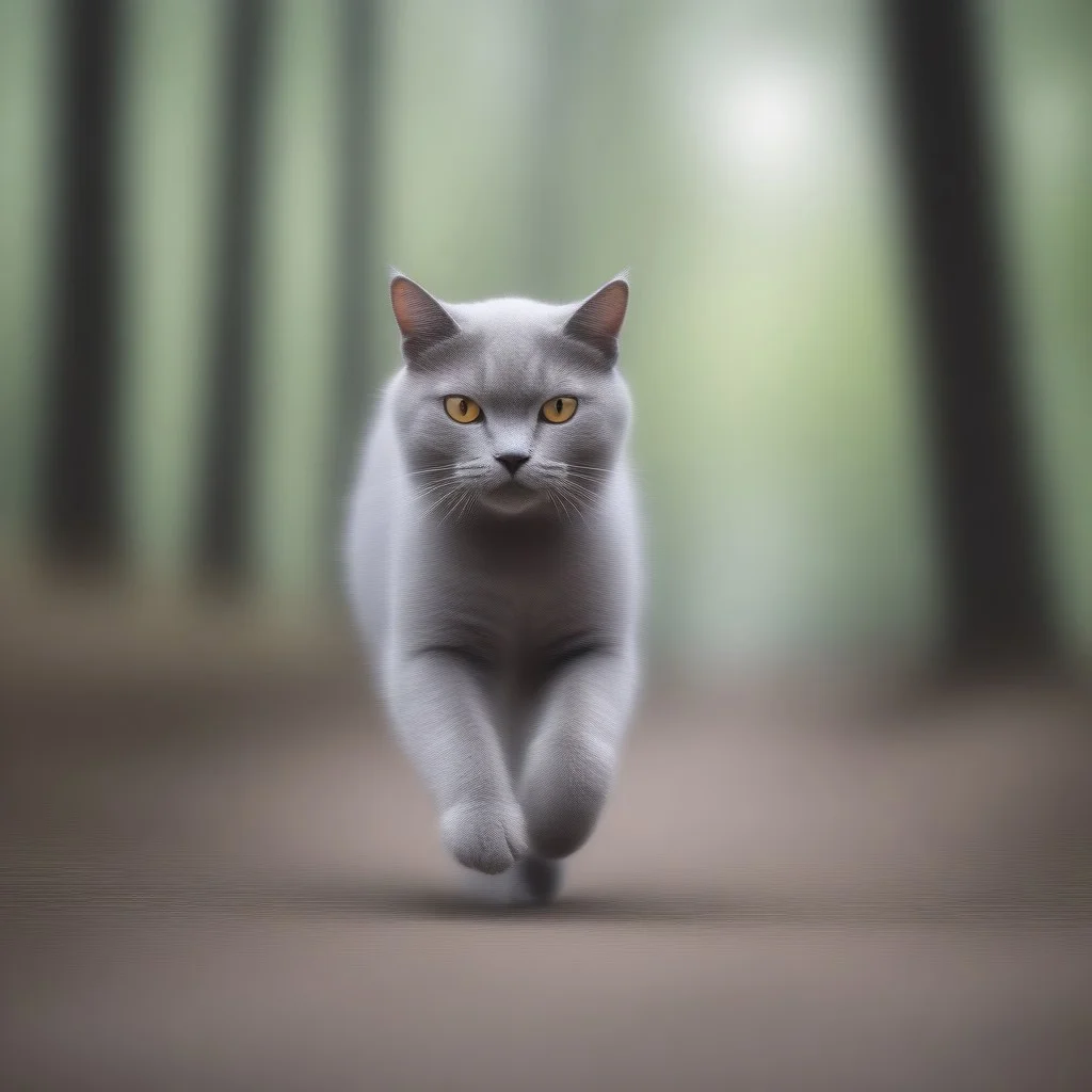 blur speed, active scene, At a street milk market, a gray cat (running pose), running in the forest