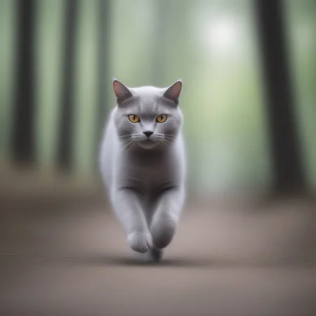blur speed, active scene, At a street milk market, a gray cat (running pose), running in the forest
