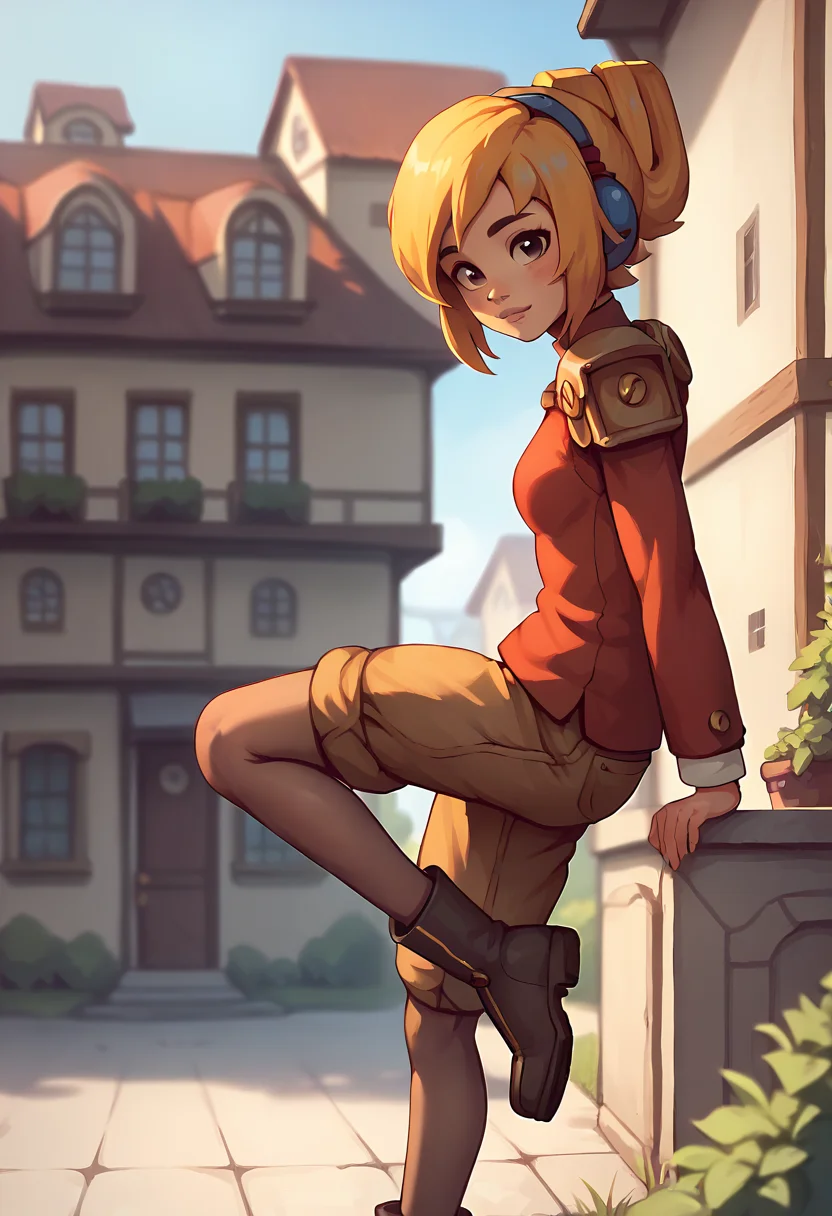 score_9, score_8_up, score_7_up, masterpiece, 1girl,ctianicon0, long sleeves, brown shorts, pantyhose, boots, shoulder pads, looking at viewer, outdoors, town, depth of field, from side,looking at viewer, <lora:Robin_Iconoclast_pony_ct:1>