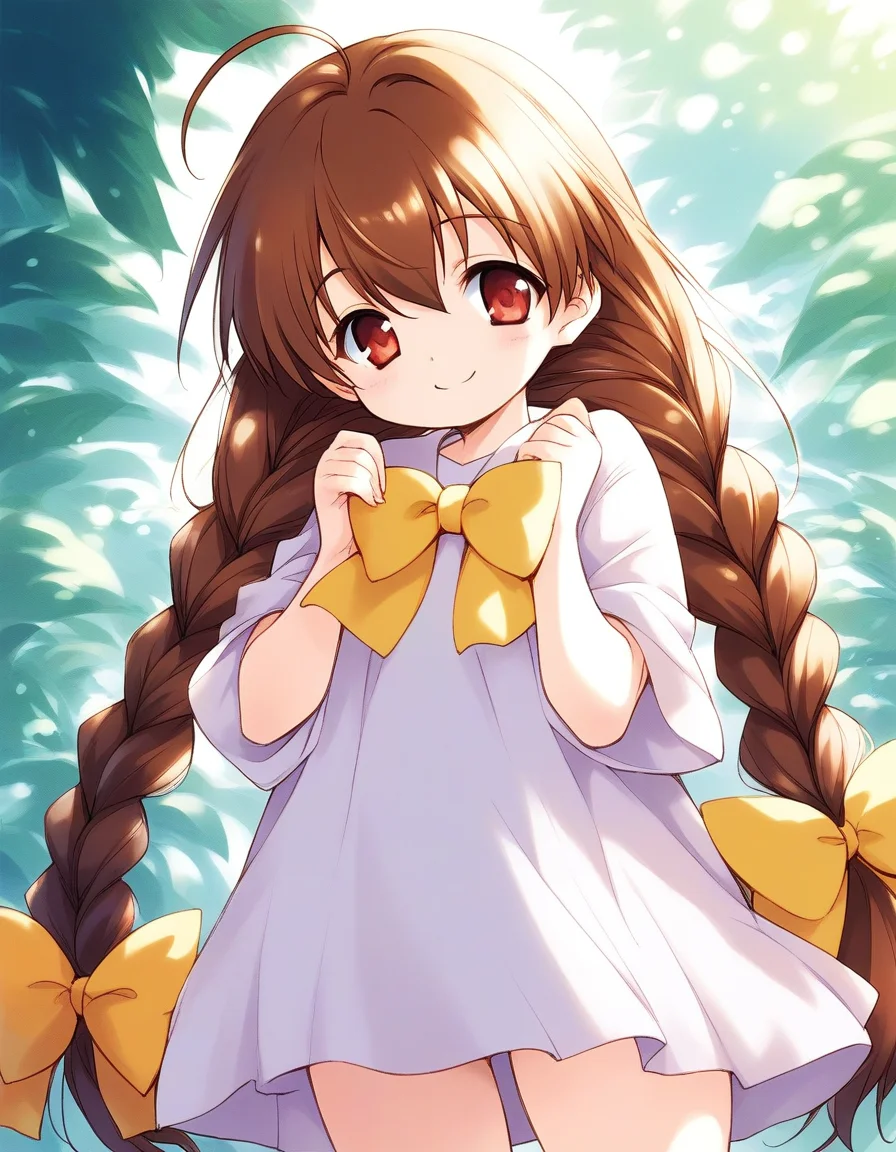 score_9, score_8_up, score_7_up, source_anime, rating_explicit, BREAK <lora:Pasocom_Paradise_2001.8_XL:0.9> Pasocom_Paradise_2001.8, very long hair, twin braids, ahoge, bangs, brown hair, red eyes, hair between eyes, Yellow bow, short stack,
smile,
looking at viewer,
cowboy_Shot,