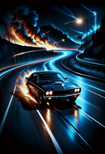 Classic black and white film noir with dramatic lighting, strong shadows, and intense character expressions, gritty urban environments, Highway night car, burning emberline speed streaks, colourful MHXL light line accents, cinematic perfection, classic, dramatic lighting, strong shadows, intense character expressions, gritty, urban environments, suspenseful, crime, mystery,Highway night car, burning emberline speed streaks, colourful MHXL light line accents, cinematic perfection