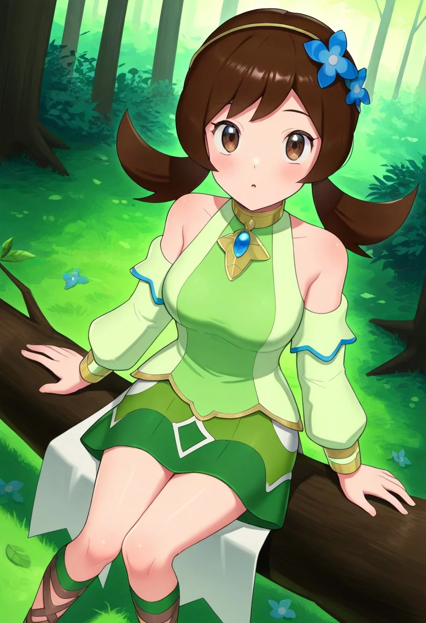 2d, masterpiece, best quality, amazing quality, highres, absurdres, newest, 1girl, solo, sitting, on branch, forest, from above, dutch angle, looking at viewer, medium breasts, syglyra, brown eyes, brown hair, bangs, low twintails, hairband, hair flower, choker, blue gemstone, detached sleeves, bare shoulders, long sleeves, green shirt, green skirt, gladiator sandals, brown footwear, green footwear, score_9, score_8_up, score_7_up,source_anime, rating_safe