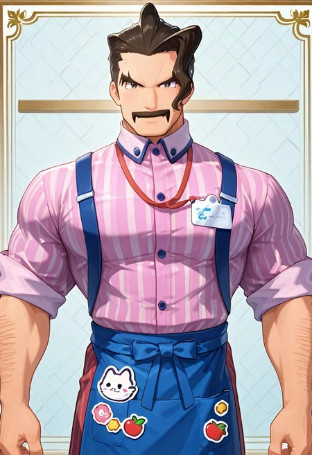 masterpiece,best quality, newest, absurdres, highres Saguaro,stripe shirt,suspenders,blue waist apron with cute sticker,wine red pant,smile