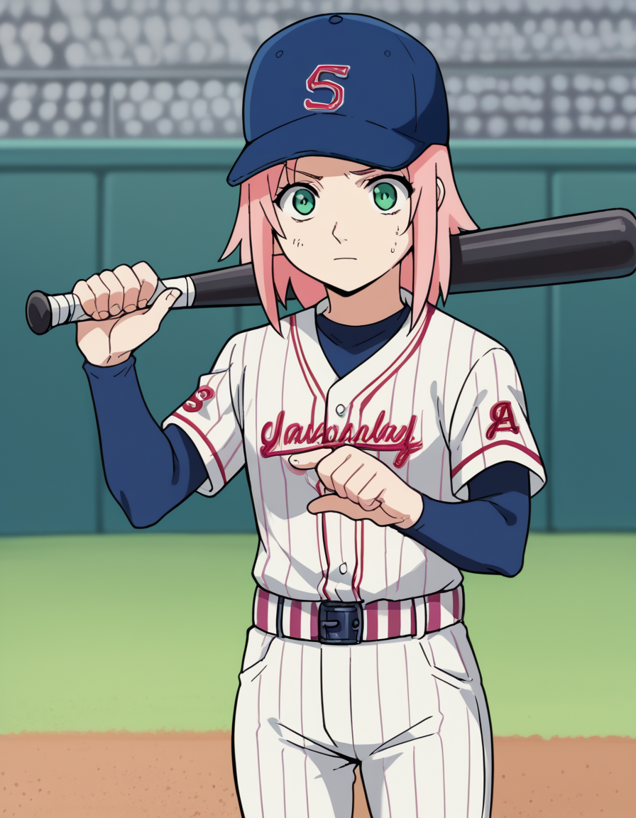 score_9, score_8_up, score_7_up, source_anime, <lora:sakura-haruno-s1-ponyxl-lora-nochekaiser:1>, sakura haruno, medium hair, green eyes, pink hair, parted bangs,, <lora:baseball-uniform-ponyxl-lora-nochekaiser:1> baseball uniform, baseball, striped belt, shirt under shirt, sportswear, ribbed shirt, baseball helmet, baseball bat, baseball jersey, baseball field, holding baseball bat,, , cowboy shot,