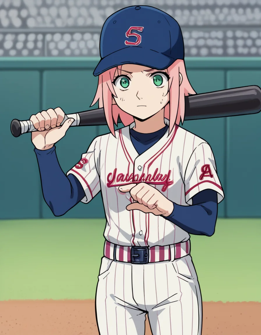 score_9, score_8_up, score_7_up, source_anime, <lora:sakura-haruno-s1-ponyxl-lora-nochekaiser:1>, sakura haruno, medium hair, green eyes, pink hair, parted bangs,, <lora:baseball-uniform-ponyxl-lora-nochekaiser:1> baseball uniform, baseball, striped belt, shirt under shirt, sportswear, ribbed shirt, baseball helmet, baseball bat, baseball jersey, baseball field, holding baseball bat,, , cowboy shot,
