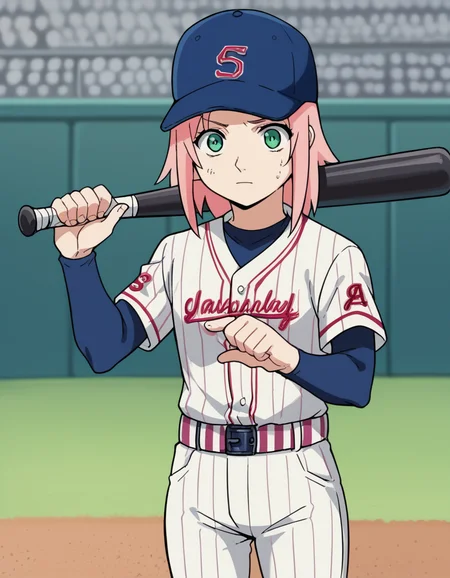 score_9, score_8_up, score_7_up, source_anime, <lora:sakura-haruno-s1-ponyxl-lora-nochekaiser:1>, sakura haruno, medium hair, green eyes, pink hair, parted bangs,, <lora:baseball-uniform-ponyxl-lora-nochekaiser:1> baseball uniform, baseball, striped belt, shirt under shirt, sportswear, ribbed shirt, baseball helmet, baseball bat, baseball jersey, baseball field, holding baseball bat,, , cowboy shot,
