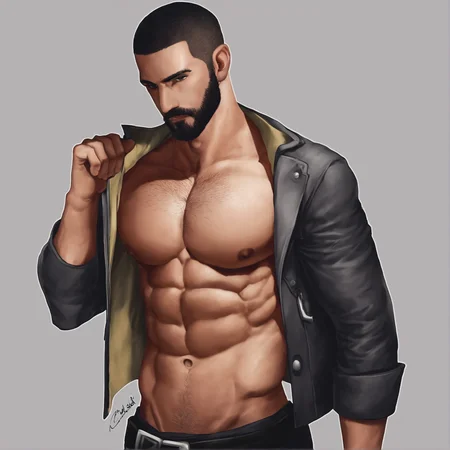 pectorals, 1boy, short hair, solo, nipples, bara, abs, muscular, open clothes, muscular male, facial hair, black pants, navel, large pectorals, bare pectorals, chest hair, pants, black hair, very short hair, jacket, belt, open shirt, open jacket, shirt, black belt, beard, wanted, navel hair, buzz cut<lora:aenaluck01:1>