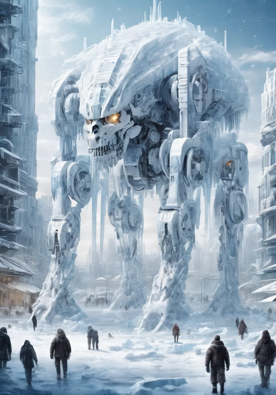 high density mecha exquisite mechanical mechanism,<lora:ç§å¹»-éªåé»çº¢sdxl:0.6>,ice,snow,the surface of this distant planet is covered with white ice,for tens of thousands of years as the temperature drops,huge artificial urban structure stuck in ice,equipment and machinery in the city have long ceased to function,only the ice-locked form stands on the ice sheet,like a predatory monster,it shows the outline of its bones,