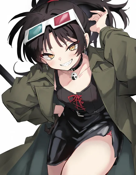 ananlee,1girl,solo,looking at viewer,sunglasses,white background,simple background,cowboy shot,<lora:ananlee-000012:1>,smile,black skirt,black shirt,sharp teeth,, masterpiece, best quality, very aesthetic, absurdres,newest, incredibly absurdres,, toshizou \(0714\)