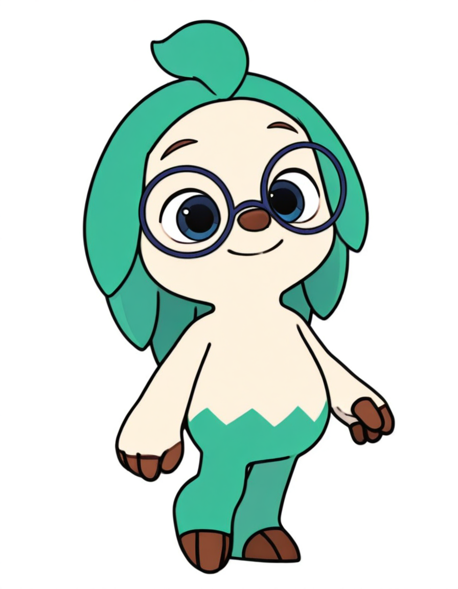 solo, hogipfws, furry, green hair, blue eyes, blue-framed eyewear, full body, white background, simple background, looking at viewer, hanghang0902style, flat color, smile, <lora:hogi_pfws_IL01-1:1>