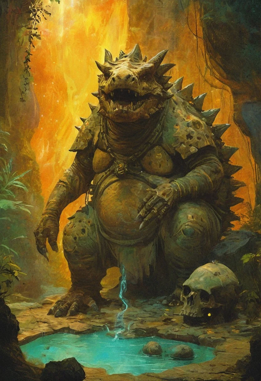 Elder Ankylosaurus medicine man with cracked armored skin, eyes glowing with ancient wisdom, hunched before a stone basin filled with swirling liquid starlight, surrounded by fossils, dried herbs, and petrified skulls of fallen kin, staff carved from the spine of an extinct beast, the jungle canopy broken above him by beams of divine light, oil painted with sacred texture, warm oranges and deep greens bathing the scene in timeless magic
, the scene is captured in dimly lit dark fantasy but vibrant colors, with bold ink lines defining form against the watercolor wash of the aged paper