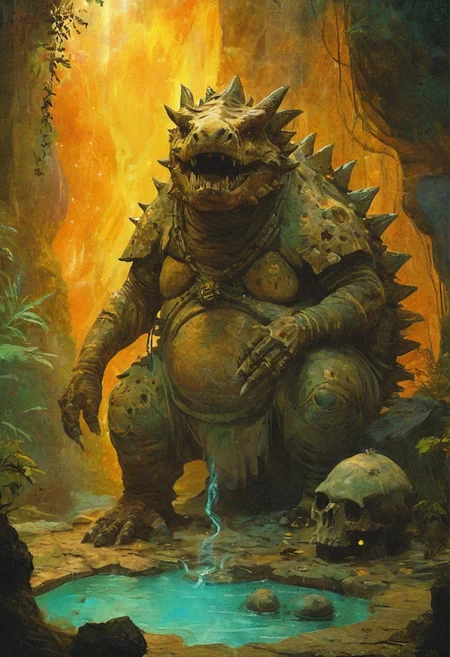 Elder Ankylosaurus medicine man with cracked armored skin, eyes glowing with ancient wisdom, hunched before a stone basin filled with swirling liquid starlight, surrounded by fossils, dried herbs, and petrified skulls of fallen kin, staff carved from the spine of an extinct beast, the jungle canopy broken above him by beams of divine light, oil painted with sacred texture, warm oranges and deep greens bathing the scene in timeless magic
, the scene is captured in dimly lit dark fantasy but vibrant colors, with bold ink lines defining form against the watercolor wash of the aged paper