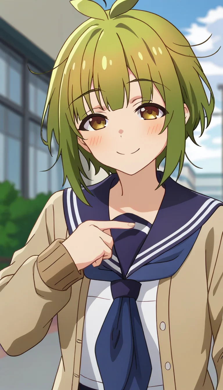 score_9,score_8_up,score_7_up,score_6_up BREAK official art,solo,outdoors,upper body,(portrait:1.5),looking at viewer,facing viewer,smile,blush,Bashame Meme,ahoge,antenna hair,short hair,green hair,messy hair,sidelocks,bangs,brown eyes,school uniform,brown cardigan,open cardigan,blue sailor collar,blue neckerchief,white shirt,long sleeves,blue skirt,pleated skirt,white socks,loafers,brown footwear,<lora:Bashame Meme(snk)-Pony:1.4>,
