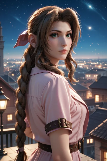 score_9, score_8_up, score_7_up,
<lora:FF7Aerith:0.8>
FF7Aerith, 1girl, brown hair, green eyes, long hair, braided ponytail, looking at viewer, standing on a rooftop at night, city lights twinkling below, wind gently blowing hair, starry sky above, mysterious and enchanting ambiance