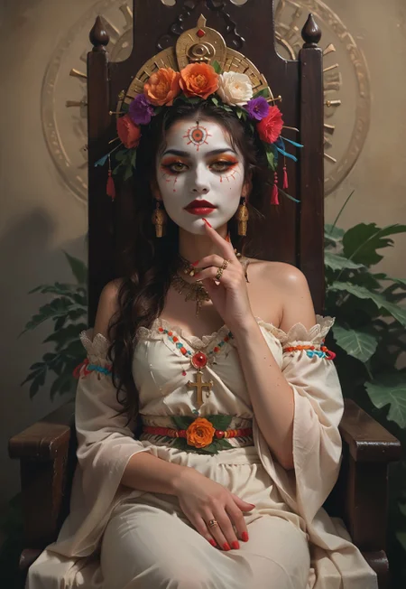 masterpiece,best quality, highly detailed, score_9, score_8_up, score_7_up, score_6_up,source_anime,
BREAK, 1girl, throne, festival costume, makeup, old traditional vibes,Dias de los Muertos Parade,cross legged pose,