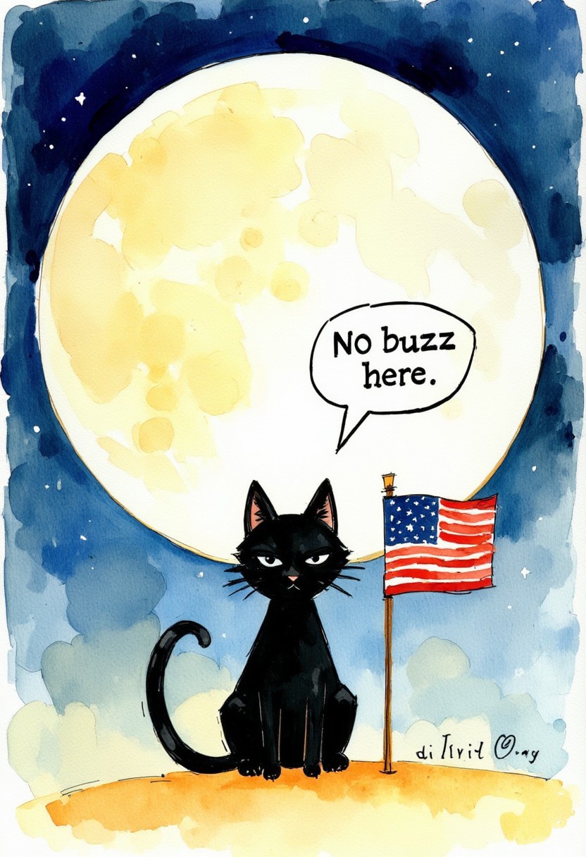 Watercolor painting of a black cat on the surface of the moon next to an American flag. Speech bubble "No buzz here"