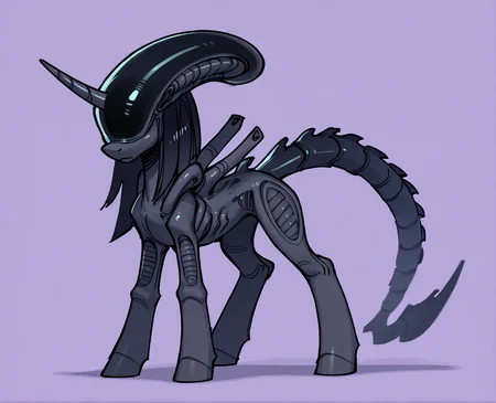 score_9, score_8_up, score_7_up, score_6_up, score_5_up, score_4_up, source_pony, source_cartoon, gjem, fan character, alien, equid, (equine, horse, hybrid:1.2), taur, mammal, mythological creature, mythological equine, (pony, unicorn, xenomorph:1.2), female, long hair, looking at viewer, purple background, simple background, solo, alien \(franchise\), hasbro, (my little pony:1.3), mythology, crossover, black skin, black body, eyeless, noseless
<lora:xenomorph_pdxl:1>