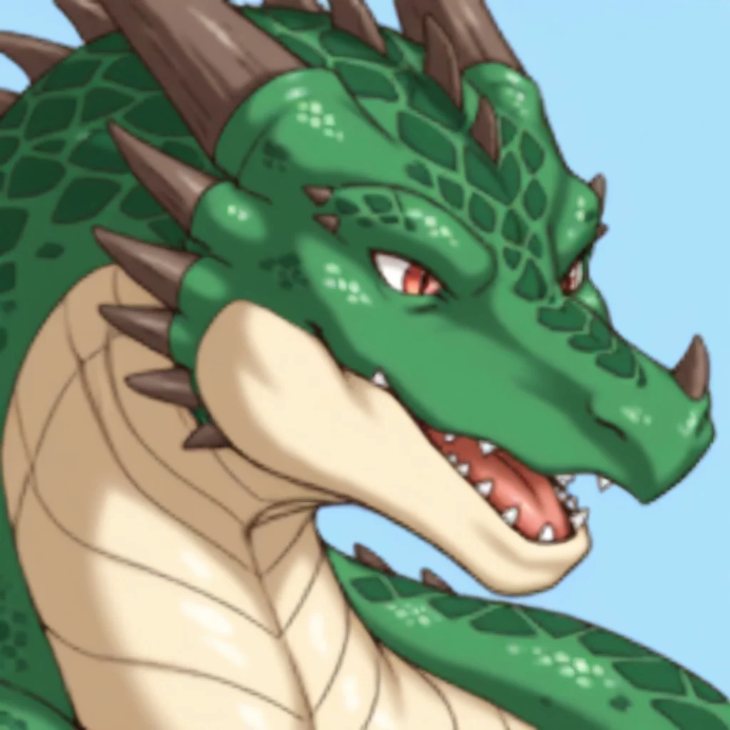 (source_anime, score_9, score_8_up, score_7_up:1), rm2kfaceset, solo male, dragon, green scales, feral, blue background
