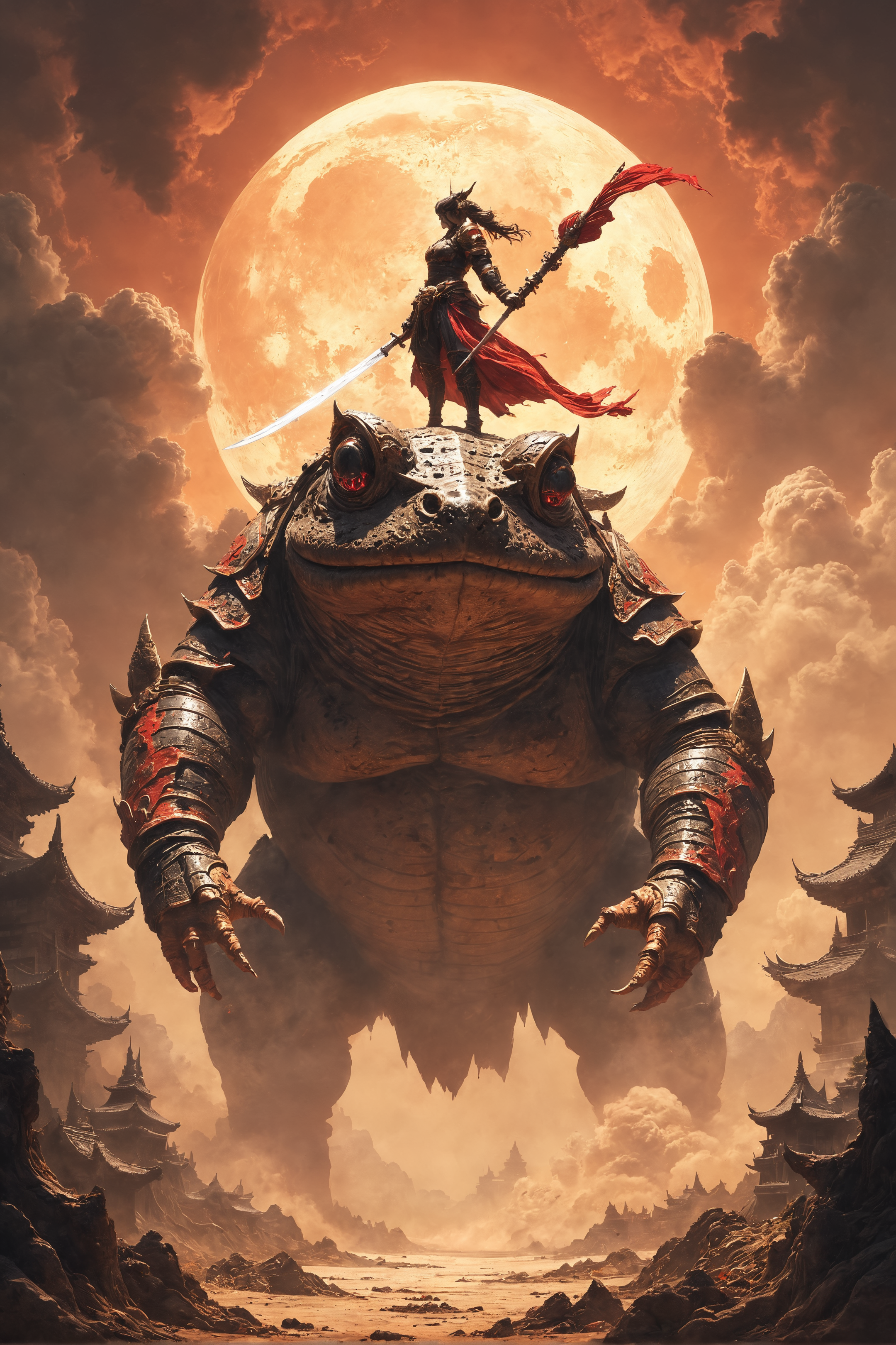 FredFraiStyle, A colossal toad spirit with red and black markings on its skin stands before a crumbling ancient Japanese temple, evoking a sense of awe and ancient mysticism. Underneath an orange-yellow sky that bathes the scene in a surreal, warm glow, a fierce female samurai stands atop the giant toad. Dressed in intricate, traditional samurai armor, she grips a fluttering banner in one hand and a sharp katana in the other, her eyes fixed intensely forward with a look of steely determination. The air is filled with floating dust and embers, giving the impression of a recent battle or magical encounter, while the ground beneath swirls with dirt and debris. The entire scene is depicted in high contrast and vibrant colors, with ultra-realistic details that bring out every texture and nuance, capturing a fantastical moment in a hyper-realistic style..,<lora:FredFraiStyle-FLUX-Share>,