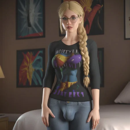 (masterpiece), best quality, expressive eyes, amazing quality, solo, 1girl, shirt, round eyewear, single braid, blonde hair, lips, print shirt, breasts, sweater, black shirt, 4nn13Az, jeans, futanari, bulge,