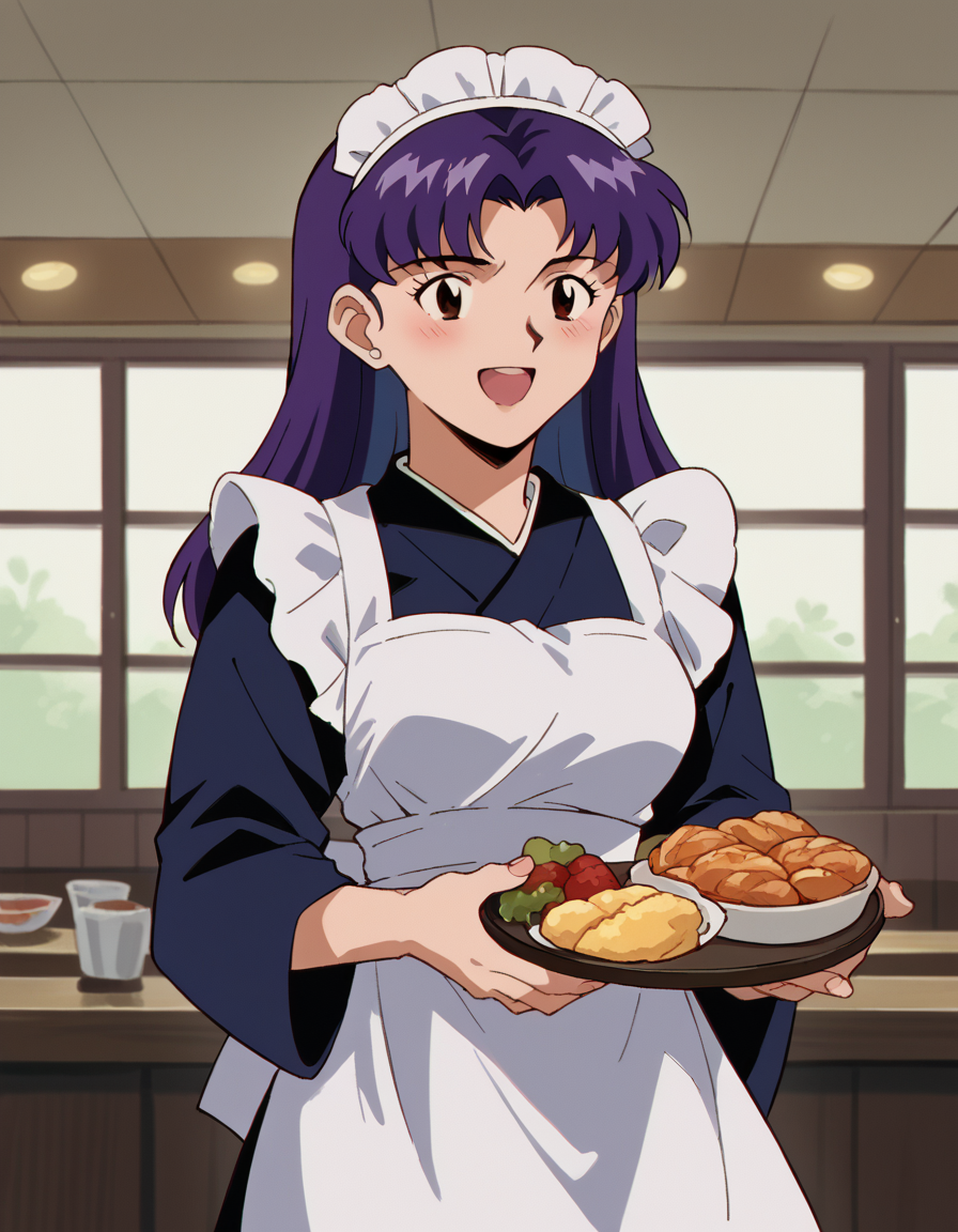 score_9, score_8_up, score_7_up, source_anime, <lora:misato-katsuragi-classic-ponyxl-lora-nochekaiser:1>, misato katsuragi, long hair, brown eyes, purple hair, parted bangs, medium breasts, <lora:wa-maid-ponyxl-lora-nochekaiser:1>, wa maid, maid, maid headdress, apron, white apron, frilled apron, maid apron, kimono, japanese clothes, frilled kimono, holding tray, tray, food,, indoors, restaurant, smile, blush, open mouth,,
