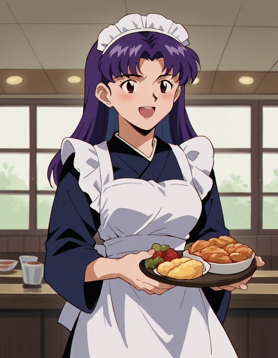 score_9, score_8_up, score_7_up, source_anime, <lora:misato-katsuragi-classic-ponyxl-lora-nochekaiser:1>, misato katsuragi, long hair, brown eyes, purple hair, parted bangs, medium breasts, <lora:wa-maid-ponyxl-lora-nochekaiser:1>, wa maid, maid, maid headdress, apron, white apron, frilled apron, maid apron, kimono, japanese clothes, frilled kimono, holding tray, tray, food,, indoors, restaurant, smile, blush, open mouth,,