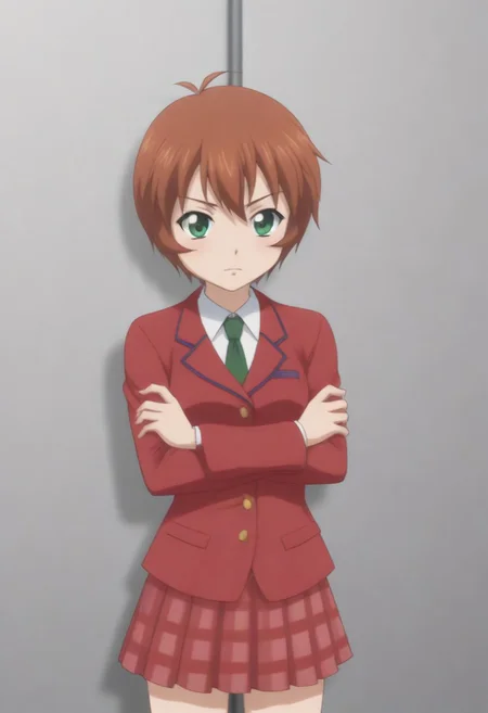 source_anime, anime screencap, source_anime, auratheguillotine, anime screencap, masterpiece, source_anime, shiny skin, 1girl, chinkyuu koudai, short hair, brown hair, green eyes, <lora:chinkyuu_pony-000007:0.8> red blazer, white shirt, green necktie, plaid skirt, pleated skirt,