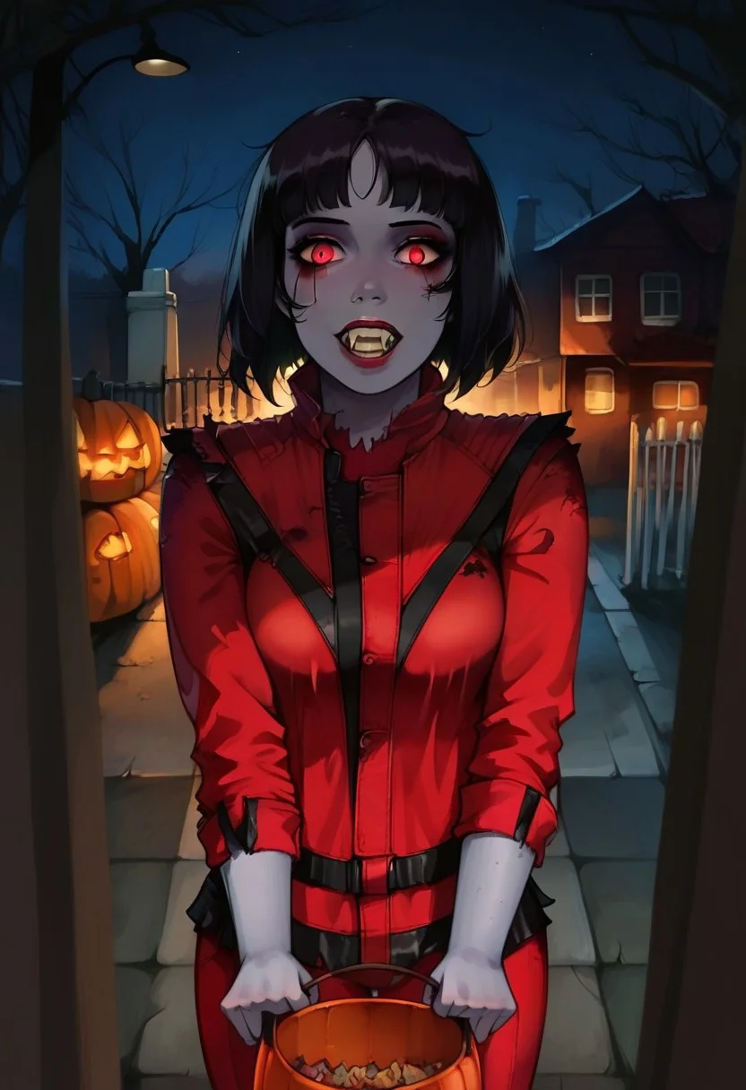 score_9, score_8_up, score_7_up, detailed face, leather jacket, red jacket, red pants, 1girl, solo, thr1llerz, zombie, grey skin, black hair, short hair, sinozick style, flat color, dark theme, rolled sleeves, tr1ck0rtr3at, holding, halloween bucket, doorway, street background, halloween, night,