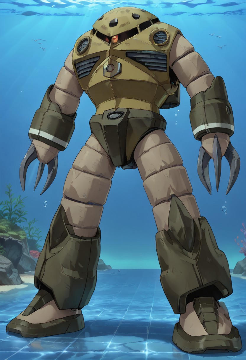 score_9, score_8_up, score_7_up, source_anime, front view, BREAK, ( uc_zgok, red monoeye, full body, looking at viewer, arms by sides, standing, ballast tanks on back, ) 1mech, mech focus, solo, BREAK, underwater, ocean floor,