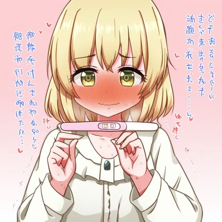 1girl, holding, pregnancy test, blushing