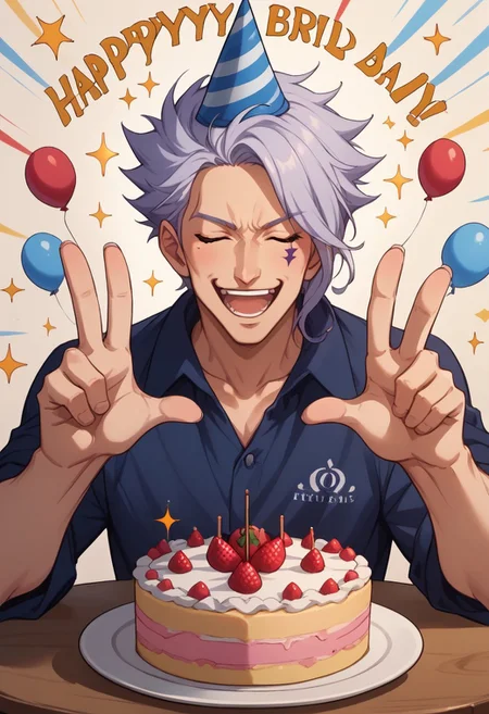score_9, score_8_up, score_7_up, source_anime, rating_safe, sparkles effects, raspberries, Eritail, blue Erigor facial mark, 1boy, male focus, closed eyes, casual clothes, party hat, open mouth, wide smile, teeth, upper body, hands with five fingers, happy birthday, cake on table, simple patterned background, cute wallpaper, happy-cheery,
