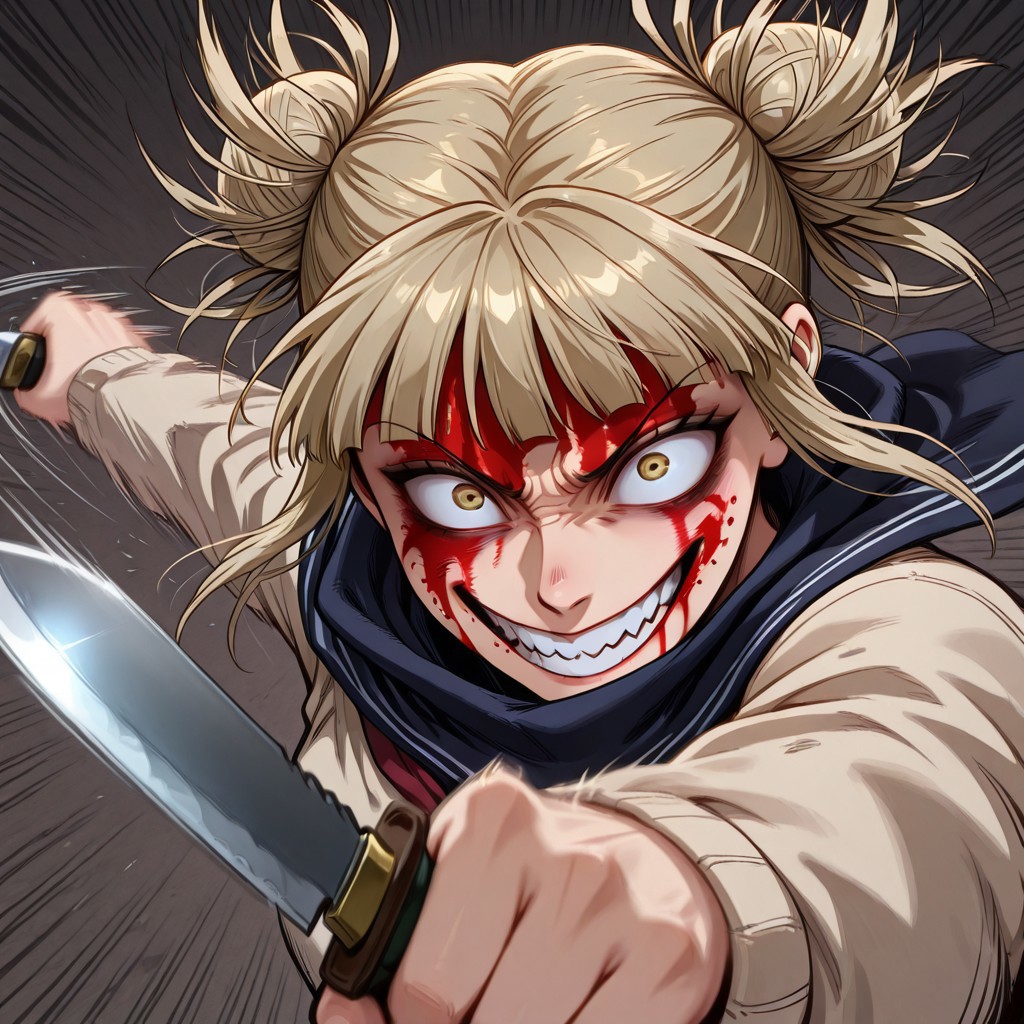 himiko toga, incoming attack, knife, insane, motion lines, , attack, smile, blood_on_face, stabbing, motion blur,, beating_you