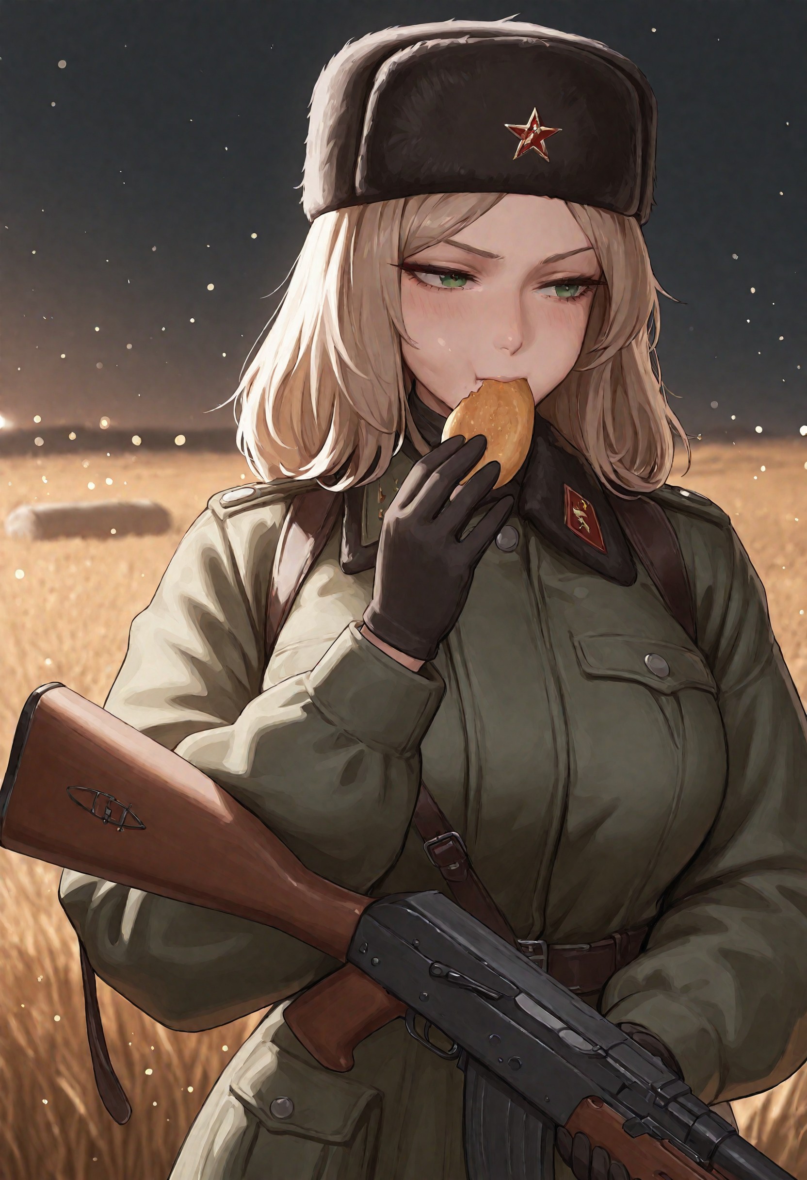 mature woman, 1girl, black gloves, (light-brown_hair), (green_eyes), coat, eating, field ration, fur hat, green coat, hat, military, military uniform, red star, sandbag, ak-47, kalashnikov_rifle, assault_rifle, rifle, akms, gun, akm, solo, soviet, soviet army, leather_strap, holding_weapon, holding_rifle, holding_gun, half body, star_(symbol), ushanka, weapon, subsurface scattering, light particles, depth of field, cutscene, masterpiece, best quality, ultra-detailed, high definition, aesthetic, highres, incredibly absurdres, newest, latest, btybr2, <lora:48489dbb-0d32-41b3-8de7-737dabbde3ed:0.9>
