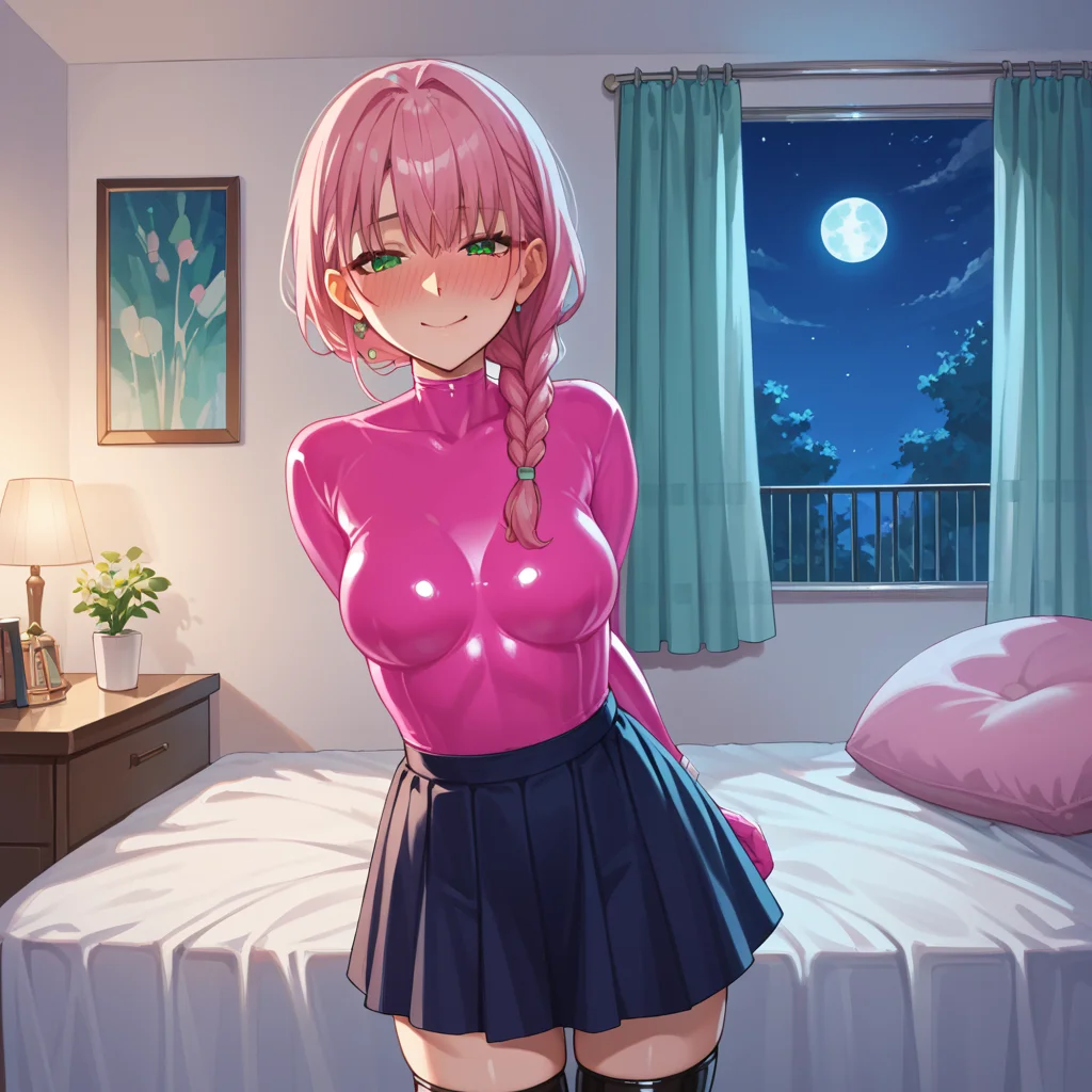 score_9, score_8_up, score_7_up,source_anime, 1girl, naughty face, pink hair, braid, green eyes, medium breasts, black thighhighs, bedroom, full moon, (night sky), full-face blush, <lora:age_slider_v4:2.5> <lora:Armbinder_suit_with_skirt:0.7> arruskir_1, bodysuit, rubber skirt, arms behind back