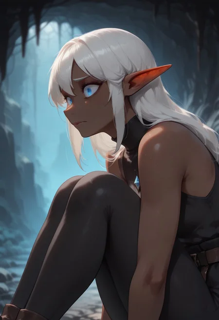 masterpiece , best quality , highly detailed, ultra quality, best shadow, extremely delicate and beautiful, detailed light, depth of field, detailed eyes, detailed hand, perfect ears, perfect face, perfect eyes,
Solo, 1girl, Garial, white hair, dark skin, blue eyes, black sleeveless top, black leggings, sitting, knees up, looking upward, nervous expression, close up, face focus, side view,
Underground, organic cavern background,