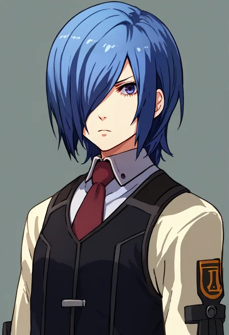 score_9, score_7_up, source_anime, zeroazureportraits, simple background, white background, upper body, solo, 1girl, kirishima touka, expressionless, looking at viewer, standing, blue hair, hair over one eye, blue eyes, white shirt, necktie, black vest <lora:zs_ZeroAzurePortraitsXL:1> <lora:tokyoghoul_kirishima_ponyXL:1>