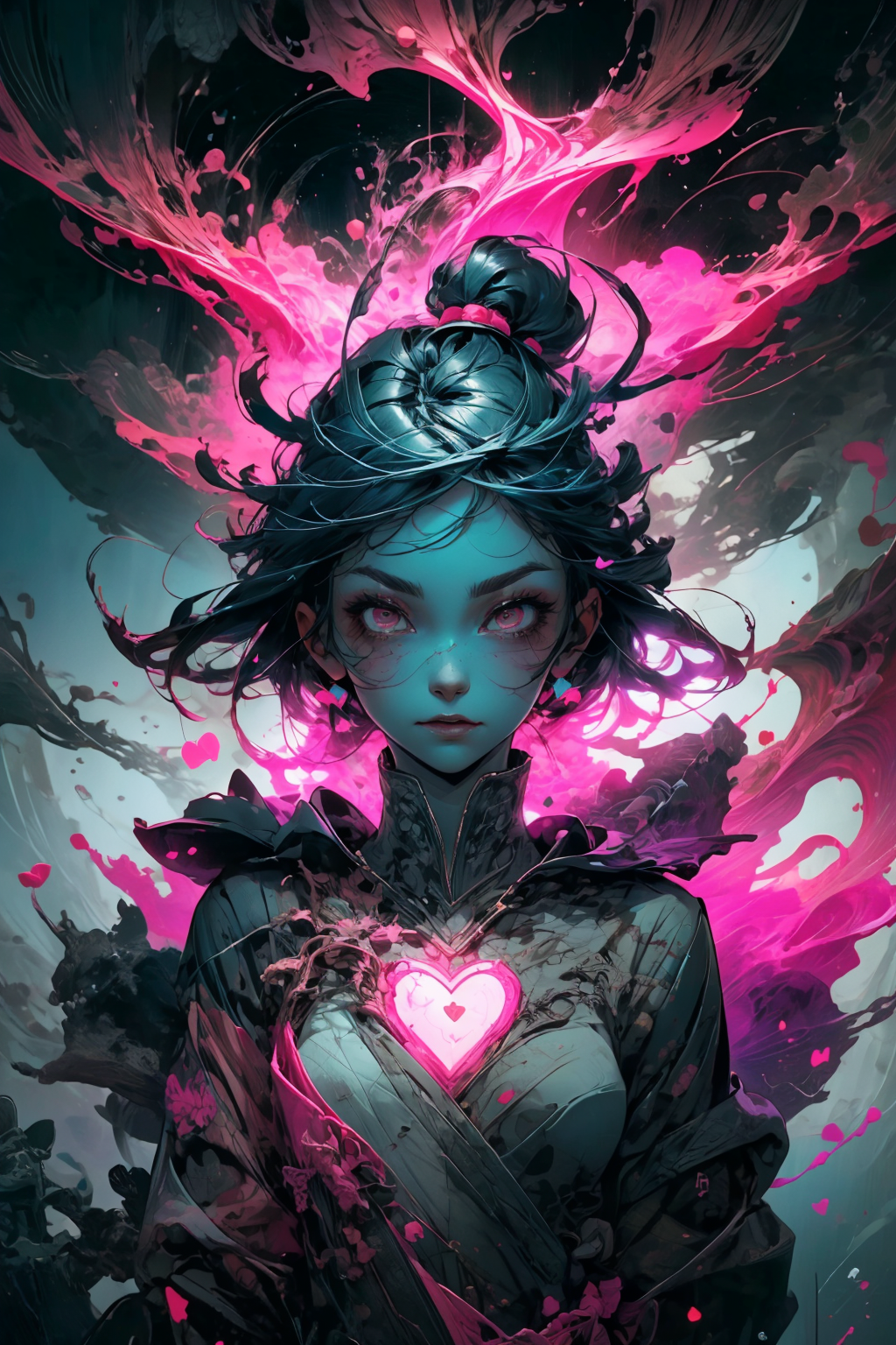 illustration, cartoon, soothing tones, calm colors, (solo:1.1), a digital arf of a undead girl, (pink, heart, love:1.1), wounds, (deathcore:1.2), mistery pink forest, extreme detail, morbid, paper texture, 2d, (pascal campion:0.38), vivid colors, (painting art:0.06), [eclectic:clear:0.8], slate atmosphere, cinematic, dimmed colors, dark shot, muted colors, film grainy, lut, spooky
<lora:more_details:0.4>
 <lora:Cosmic anime-oil fusion v2:0.45> 
<lora:AnimeVibesV3:0.3> animevibes, 
<lora:3DMM_V11:0.5> 3DMM 
<lora:midjourney_20230624181825:0.7> midjourney ,
 <lora:LAS:0.5> cloud,colorful,
<lora:msw_locon-t2:0.6>
 <lora:wuxia2:0.6> gu,
 <lora:CyberpunkStyleV1:0.2> PunkAI ,
<lora:CatgirlMaidV1.0-000003:0.35> CatgirlMaid, shiny, shiny hair, shiny skin, shiny clothes