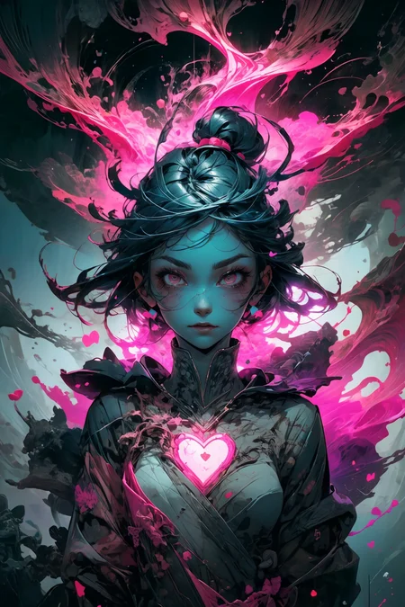 illustration, cartoon, soothing tones, calm colors, (solo:1.1), a digital arf of a undead girl, (pink, heart, love:1.1), wounds, (deathcore:1.2), mistery pink forest, extreme detail, morbid, paper texture, 2d, (pascal campion:0.38), vivid colors, (painting art:0.06), [eclectic:clear:0.8], slate atmosphere, cinematic, dimmed colors, dark shot, muted colors, film grainy, lut, spooky
<lora:more_details:0.4>
 <lora:Cosmic anime-oil fusion v2:0.45> 
<lora:AnimeVibesV3:0.3> animevibes, 
<lora:3DMM_V11:0.5> 3DMM 
<lora:midjourney_20230624181825:0.7> midjourney ,
 <lora:LAS:0.5> cloud,colorful,
<lora:msw_locon-t2:0.6>
 <lora:wuxia2:0.6> gu,
 <lora:CyberpunkStyleV1:0.2> PunkAI ,
<lora:CatgirlMaidV1.0-000003:0.35> CatgirlMaid, shiny, shiny hair, shiny skin, shiny clothes