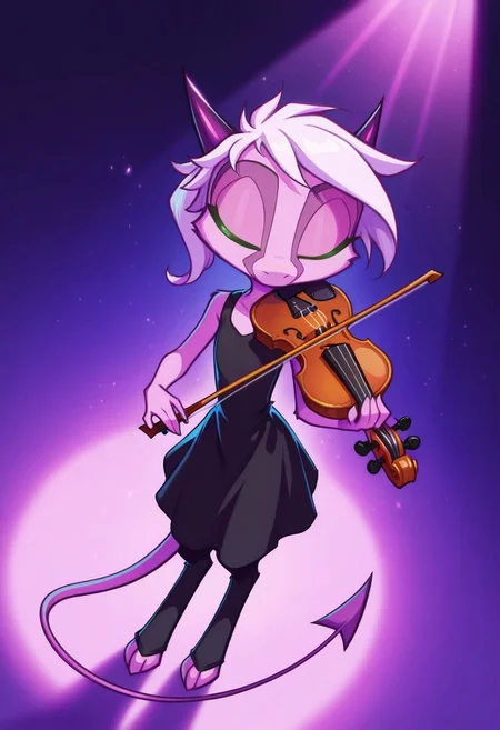 Dreamkeepers,1girl,Prelude_Namah,solo,demon tail, green eyes, horns,
child,
masterpiece, best quality, newest, absurdres, highres, vibrant, highly detailed, very aesthetic, (violin, playing violin:1.4), beautiful, closed eyes, , black dress, spotlight, stage performance