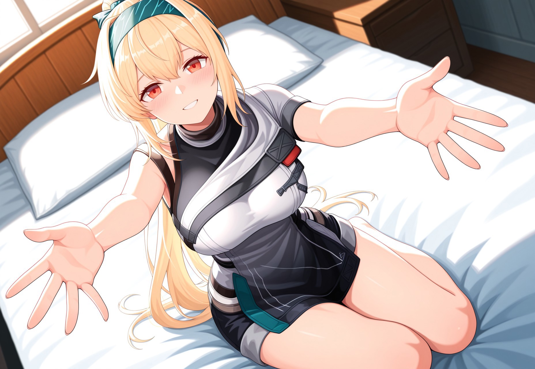 masterpiece, best quality, good quality, very aesthetic, absurdres, newest, 8K, focused subject BREAK 1girl, sitting, on bed, yokozuwari, sv-98 \(girls' frontline\), elmodorm, sleeveless, zipper, large breasts, smile, blush, outstretched arms, hands, incoming hug
