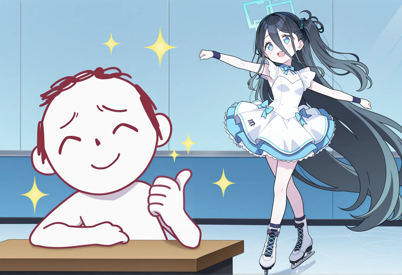 anime screenshot, anime screencap, anime coloring, look_at_my_tsukasa, parody, sparkles, upper body, thumbs up, table, 1boy, doodle sensei <lora:Look_at_my_Tsukasa_medalist_meme:1>
BREAK
anime screenshot, anime screencap, anime coloring, 1girl, aris \(blue archive\), dancing, full body, ice skates, masterpiece, best quality, amazing quality, very aesthetic, absurdres, highres, newest